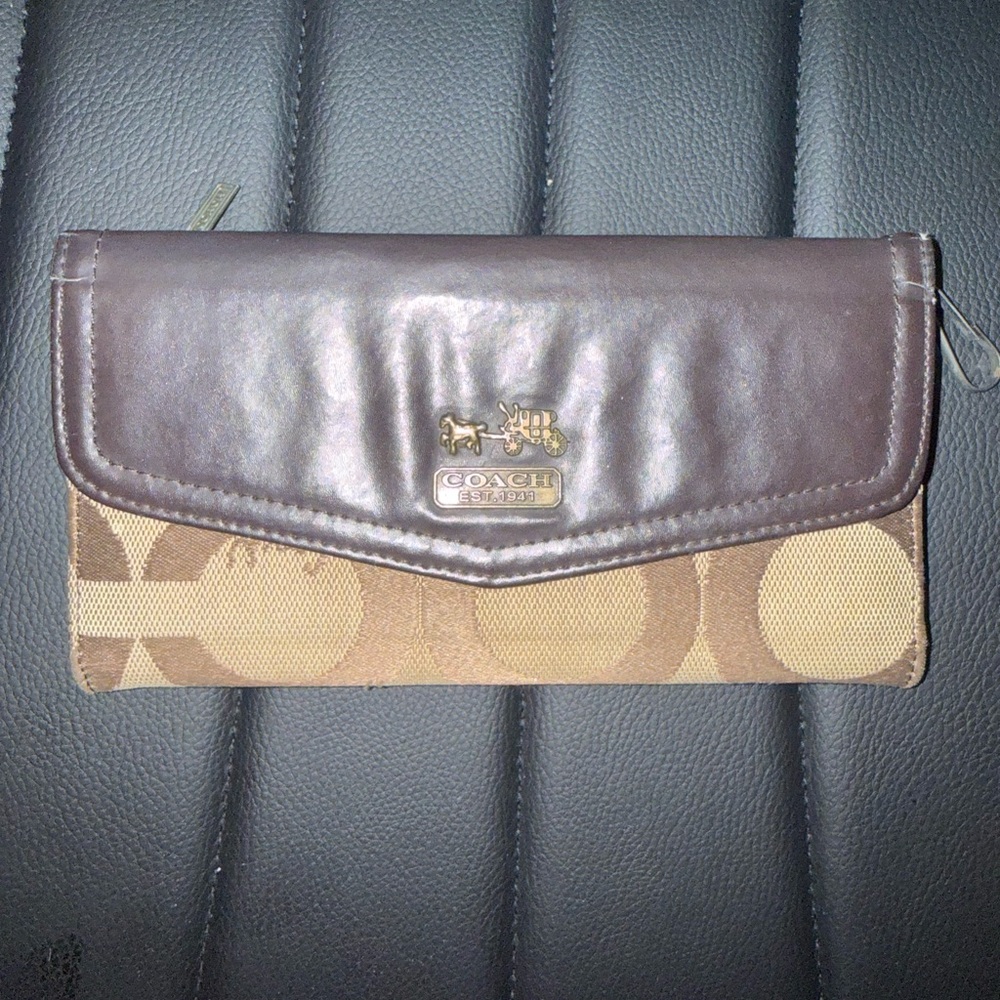Coach Brown Signature Canvas Continental Wallet with Dark Brown Leather Flap